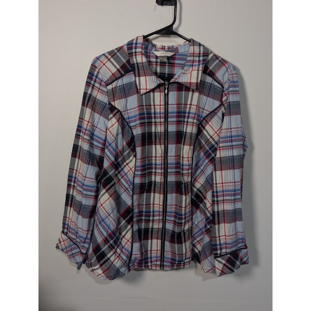Christopher & Banks Womens Red White & Blue Plaid Zip Front Shirt Jacket Size 1X